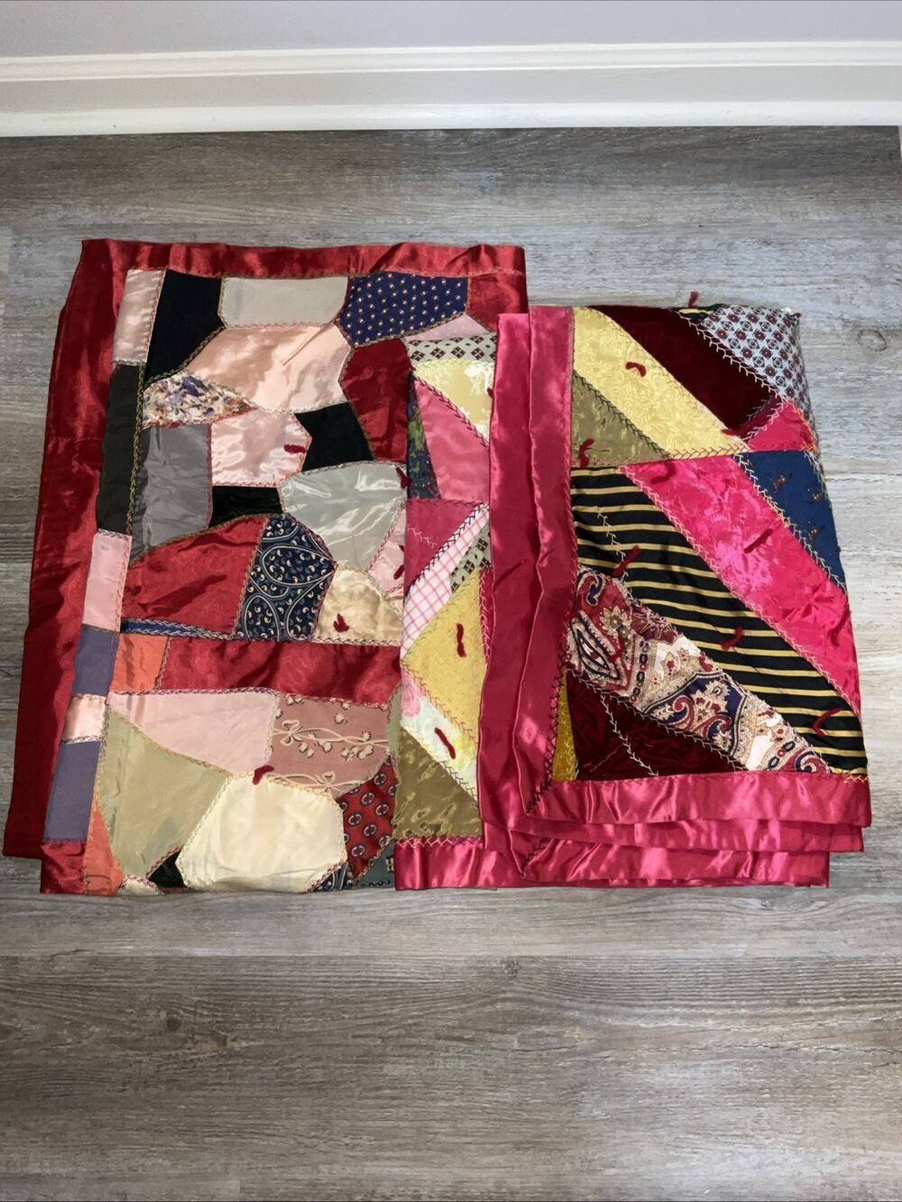 VTG VINTAGE 1960S HANDMADE SCRAP CRAZY QUILTS PINK & RED